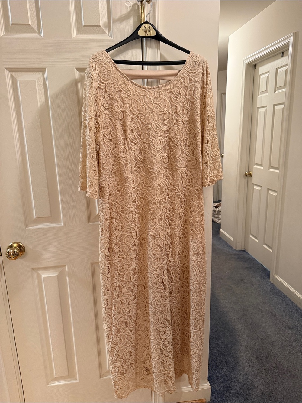 Nude Lace Maxi Dress with Elbow Sleeves